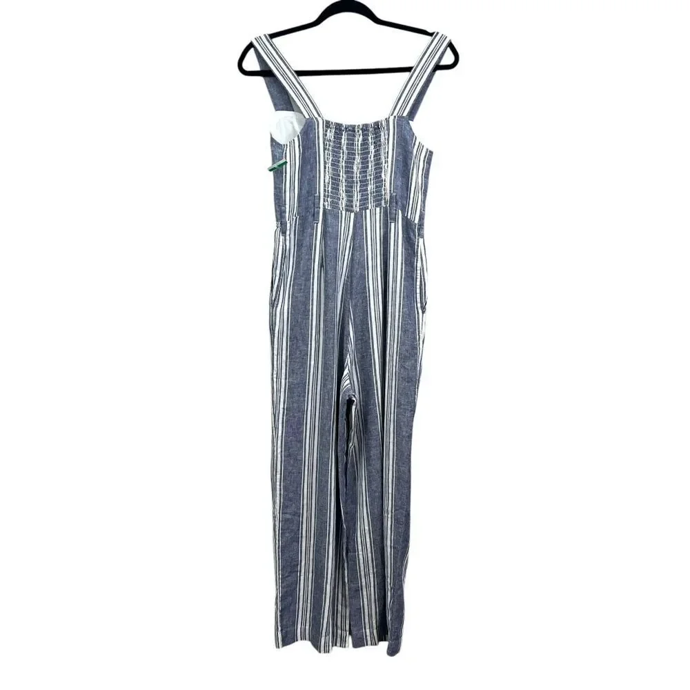 Rails Women Linen Blend Jumpsuit Harper Striped Smocked Pockets Blue White XXS* - Picture 5 of 6